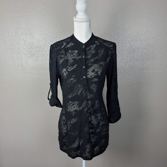 Saks 5th Ave Black Burn Out Henley Roll Tab Tunic - Picture 1 of 8